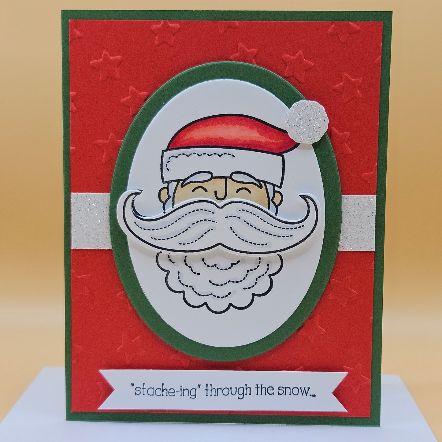 Handmade Funny Christmas Card, Santa Mustache Holiday Pun Greeting Card, “Stache-ing Through the Snow”