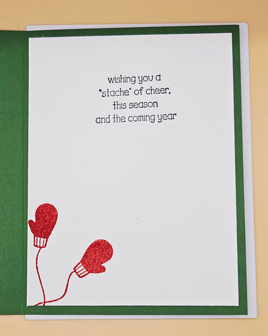 Handmade Funny Christmas Card, Santa Mustache Holiday Pun Greeting Card, “Stache-ing Through the Snow” Tiddly Pom Cards