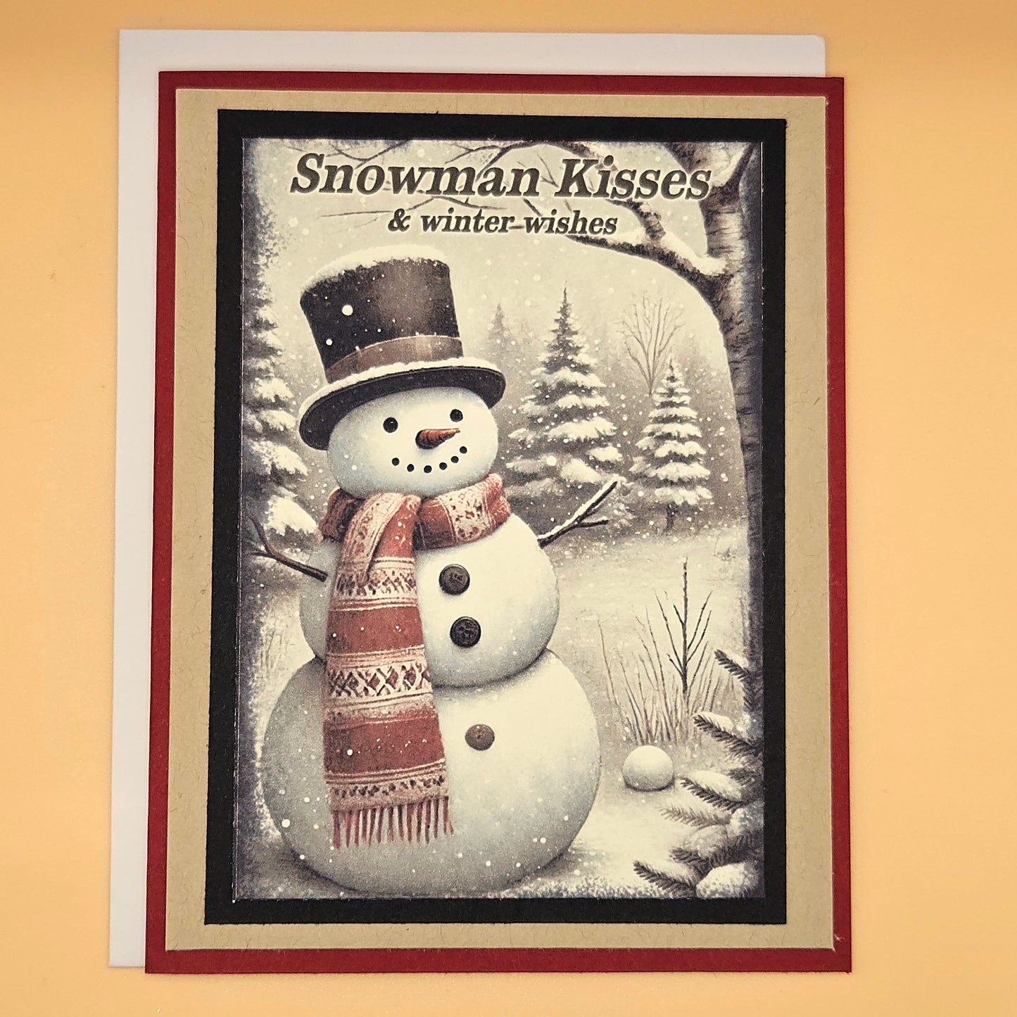 Handmade Christmas Card, Snow Scene Greeting Card Gift for Him/Her, Snowman Kisses, Cozy Winter Wishes