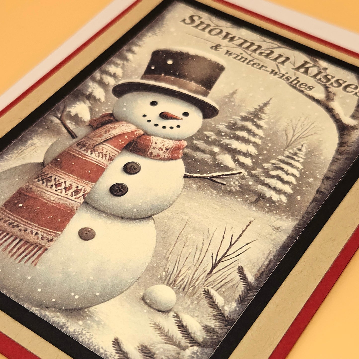 Handmade Christmas Card, Snow Scene Greeting Card Gift for Him/Her, Snowman Kisses, Cozy Winter Wishes