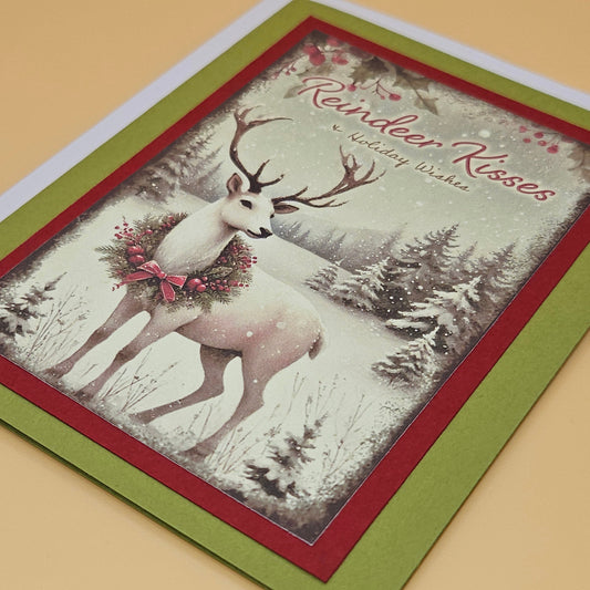 Handmade Christmas Card, Reindeer Kisses Holiday Wishes Greeting Card with Heartfelt Message Inside, Keepsake Christmas Gift for Loved Ones Tiddly Pom Cards