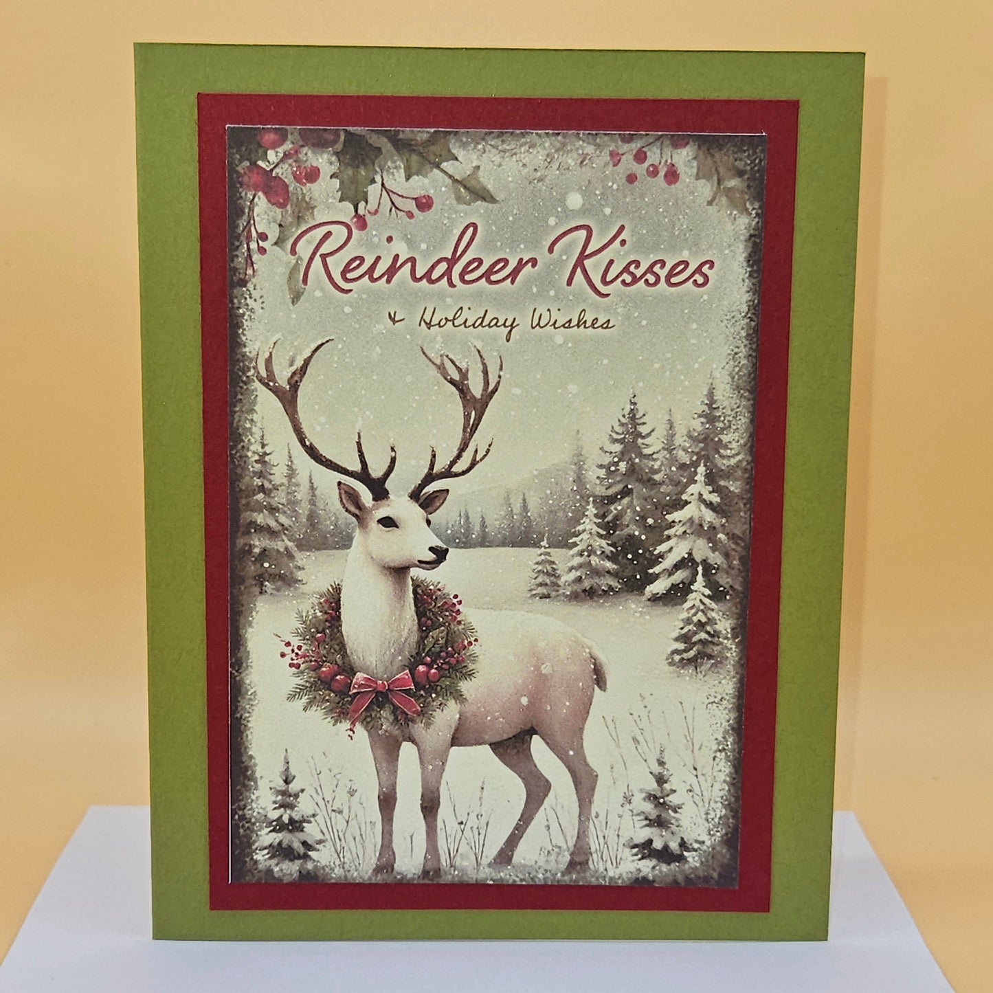 Handmade Christmas Card, Reindeer Kisses Holiday Wishes Greeting Card with Heartfelt Message Inside, Keepsake Christmas Gift for Loved Ones Tiddly Pom Cards