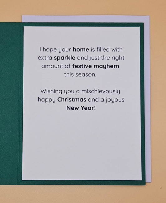 Handmade Christmas Card, Funny Cat Holiday Greeting with Playful Message inside, Warning May Contain Mischief