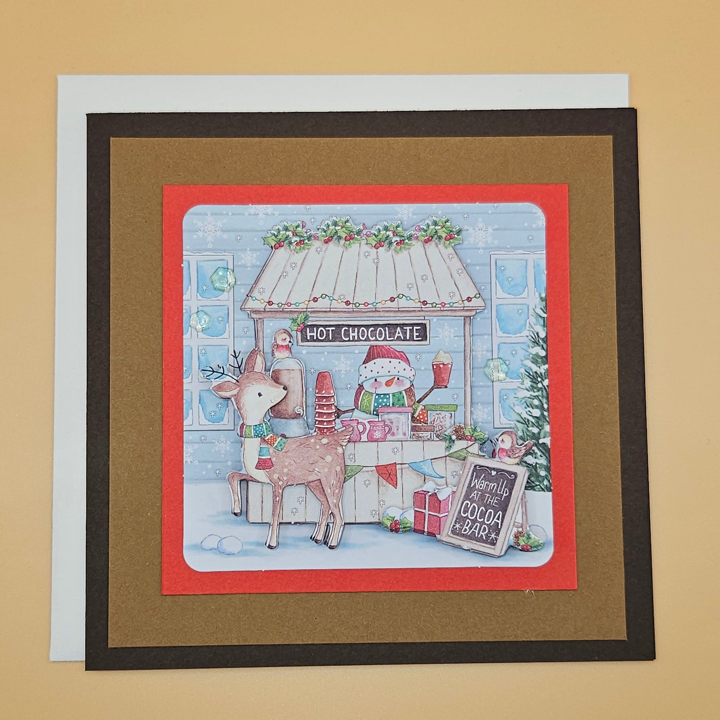 Handmade Christmas Card, Hot Chocolate Cocoa Bar Decoupage Greeting Card, Winter Deer Scene, Festive Keepsake