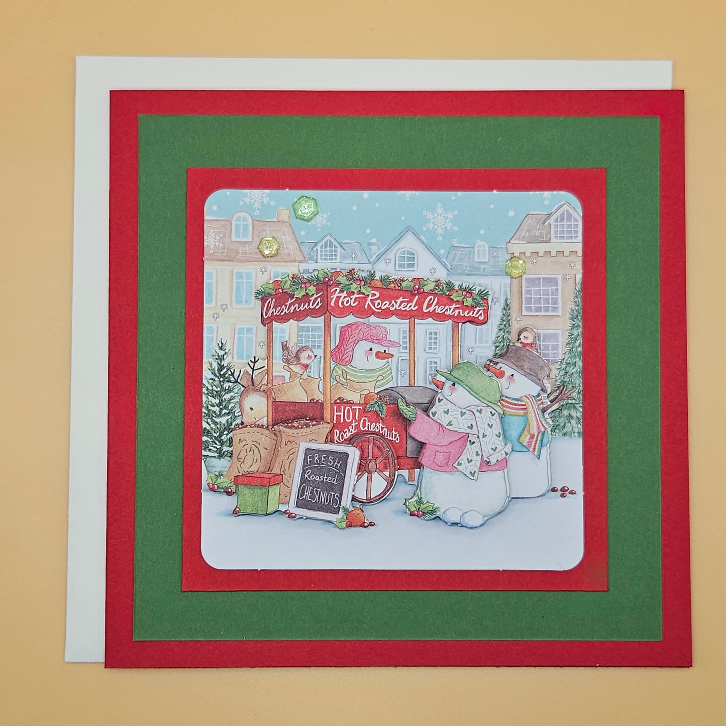 Handmade Christmas Card, Hot Roasted Chestnuts Decoupage Holiday Greeting Card, Christmas Market Scene, Winter Keepsake