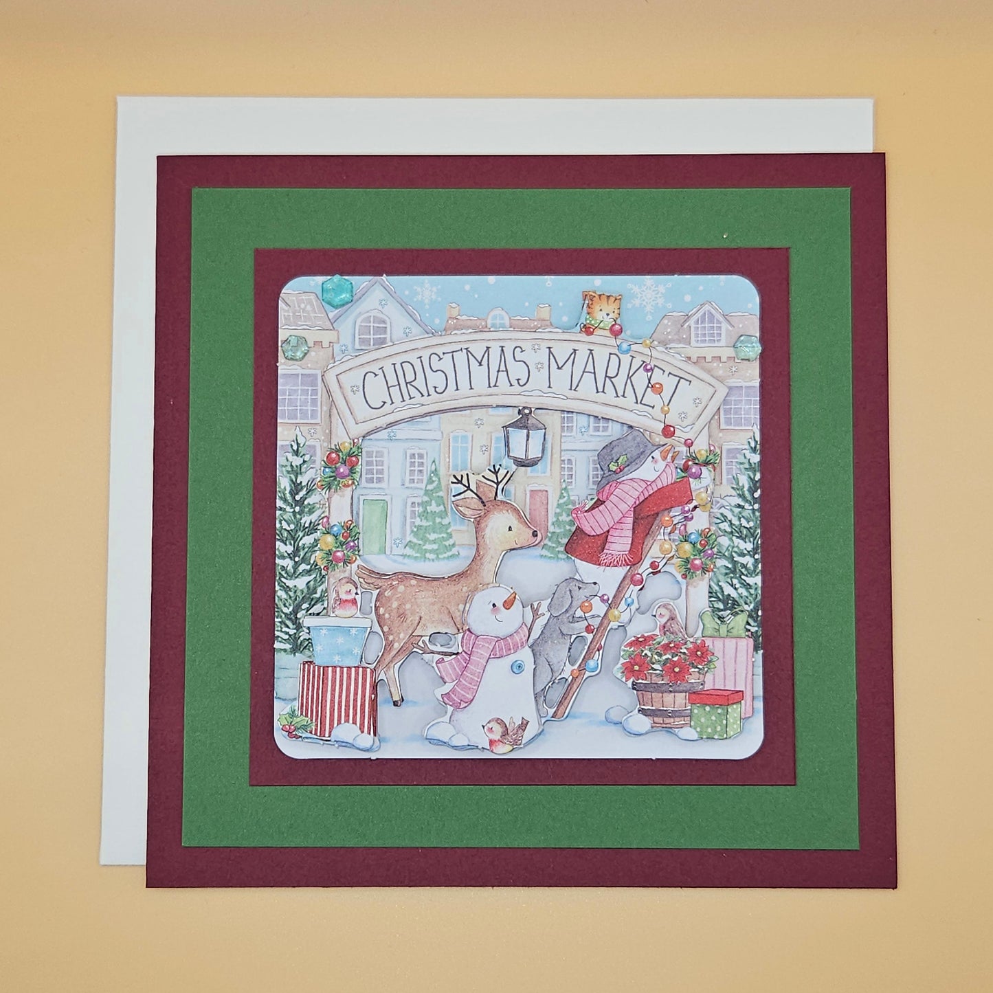 Handmade Christmas Market Decoupage Card, Holiday Greeting Card, Classic Village Scene, Winter Keepsake Tiddly Pom Cards