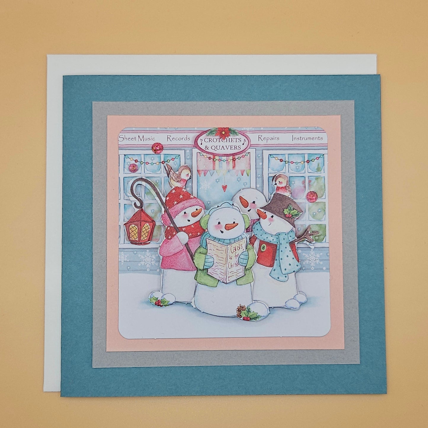 Handmade Christmas Card, Snowmen Caroling Decoupage Greeting Card, Music Shop Scene, Winter Keepsake Tiddly Pom Cards