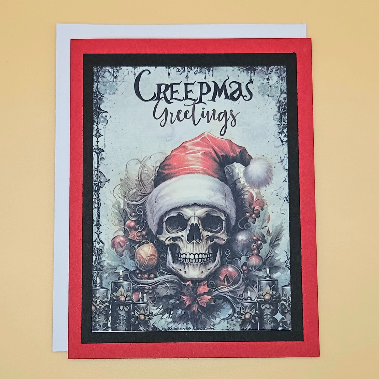 Handmade Gothic Christmas Card, Creepmas Greetings Skull Art, Dark Holiday Card, Unique Witchy Gift Tiddly Pom Cards