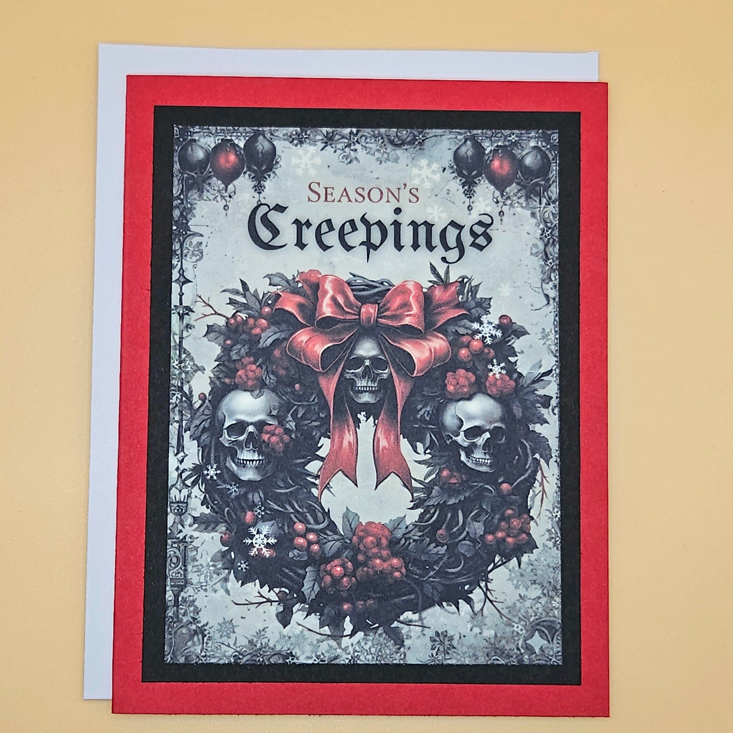 Handmade Gothic Christmas Card, Spooky Creepings Skull Wreath Greeting Card, Dark Holiday Gift, Witchy Decor Tiddly Pom Cards