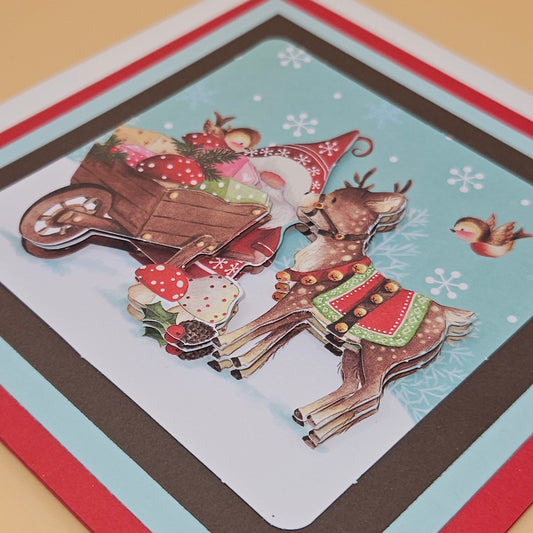Handmade Christmas Card, Gnome Reindeer Decoupage Greeting Card, Vintage Festive Woodland Christmas Blessings Keepsake Tiddly Pom Cards