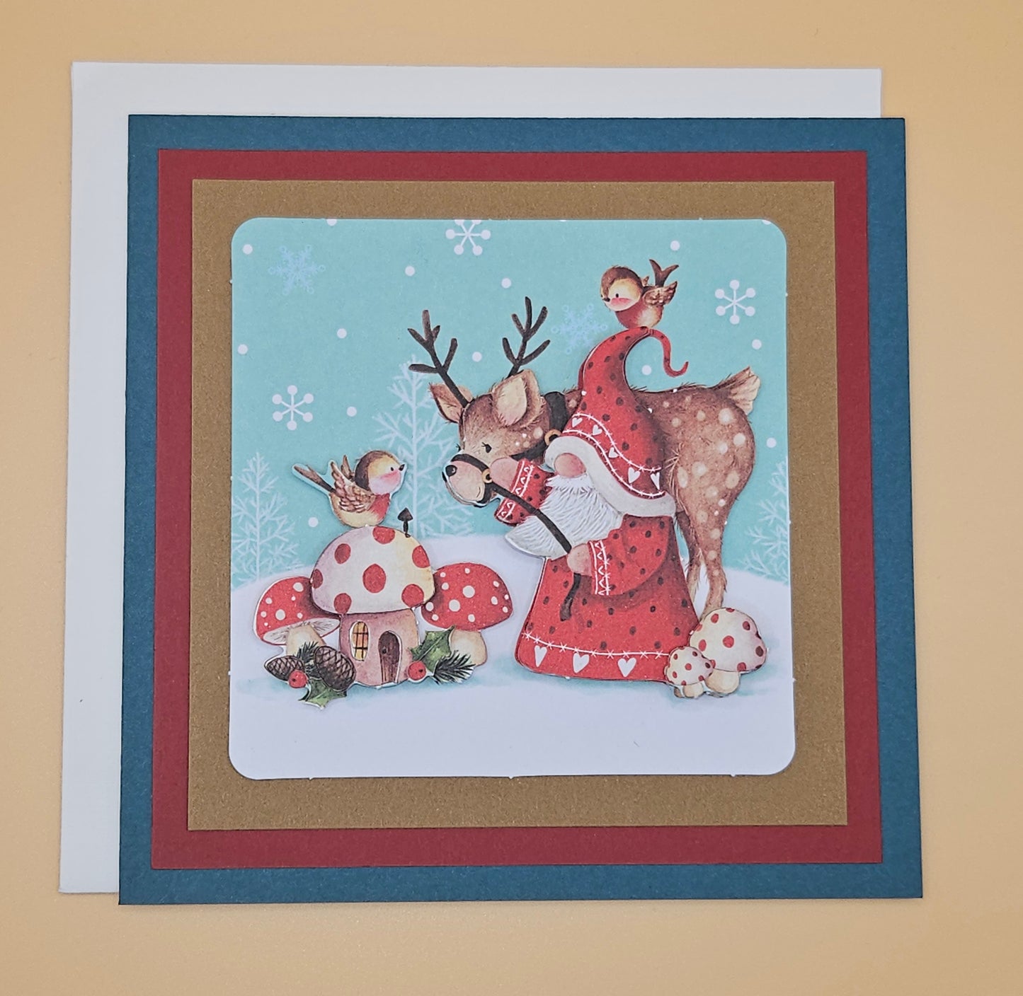 Handmade Christmas Card, Woodland Gnome Decoupage Greeting Card, Vintage Santa/Gnome Scene, Festive Forest Keepsake