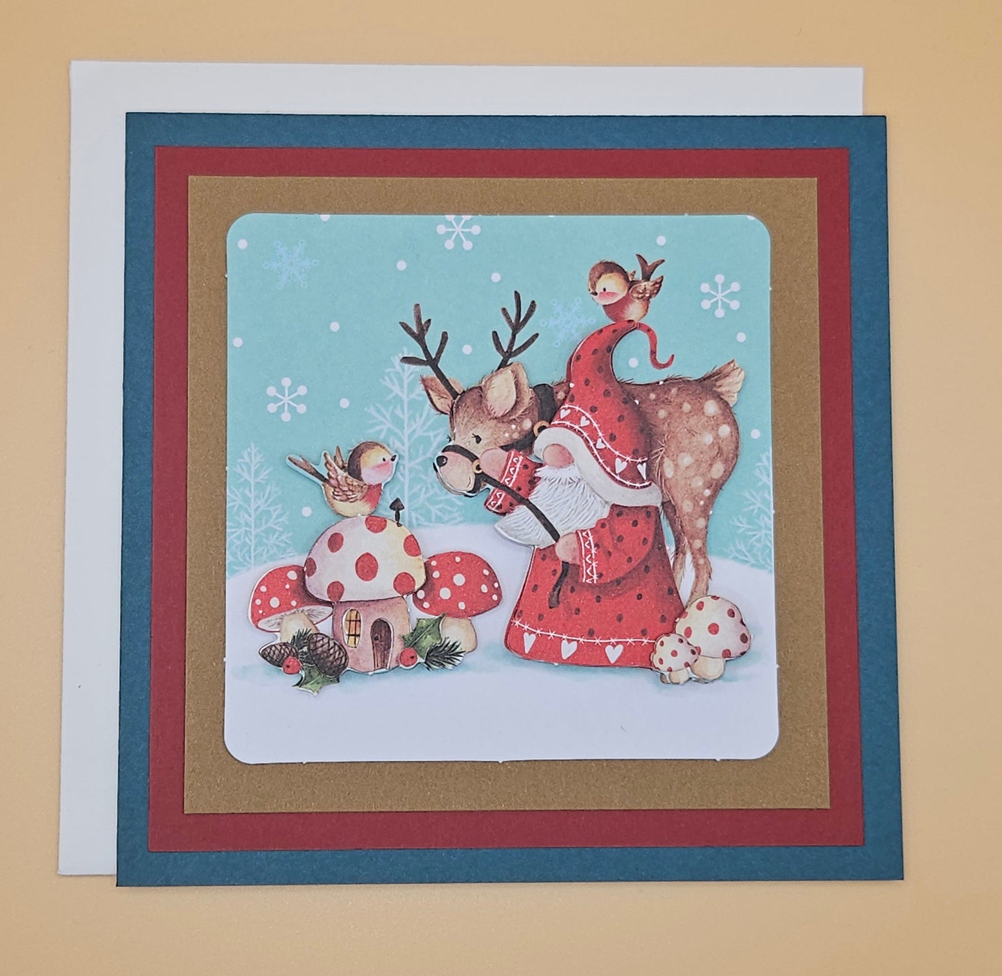 Handmade Christmas Card, Woodland Gnome Decoupage Greeting Card, Vintage Santa/Gnome Scene, Festive Forest Keepsake Tiddly Pom Cards