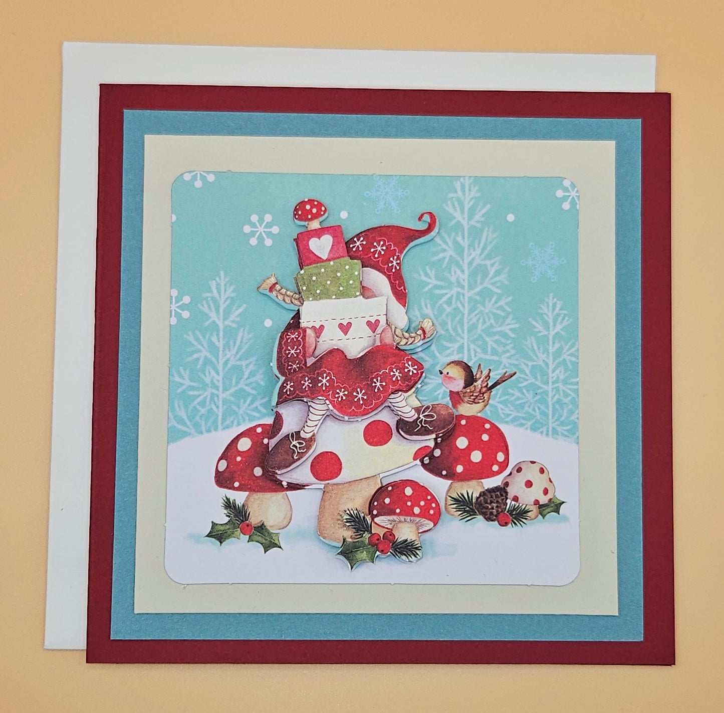 Handmade Christmas Card, Vintage Holiday Gnome Decoupage Greeting Card, Gifts & Robin Keepsake Tiddly Pom Cards