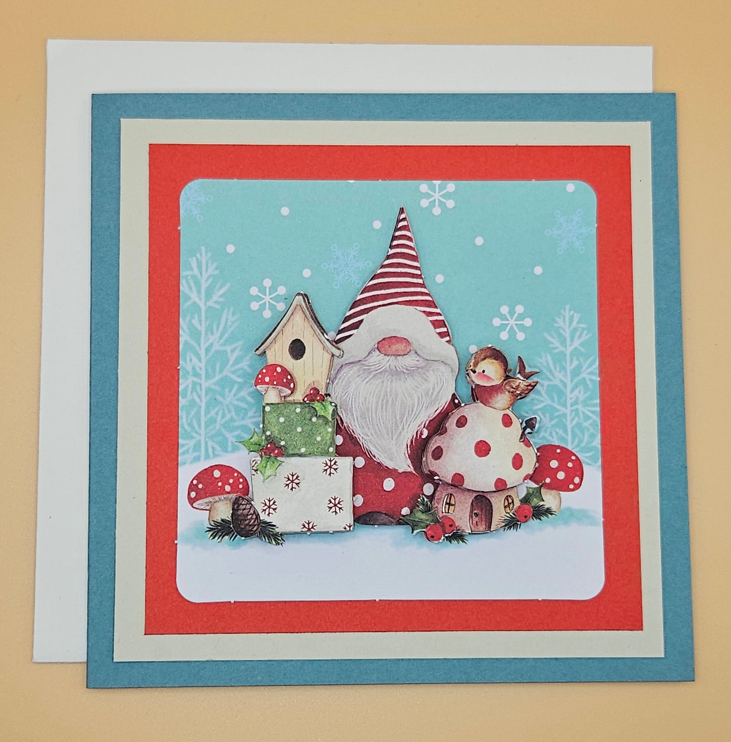 Handmade Christmas Card, Gnome Birdhouse Decoupage Greeting Card, Vintage Festive Woodland Happy Holidays Keepsake