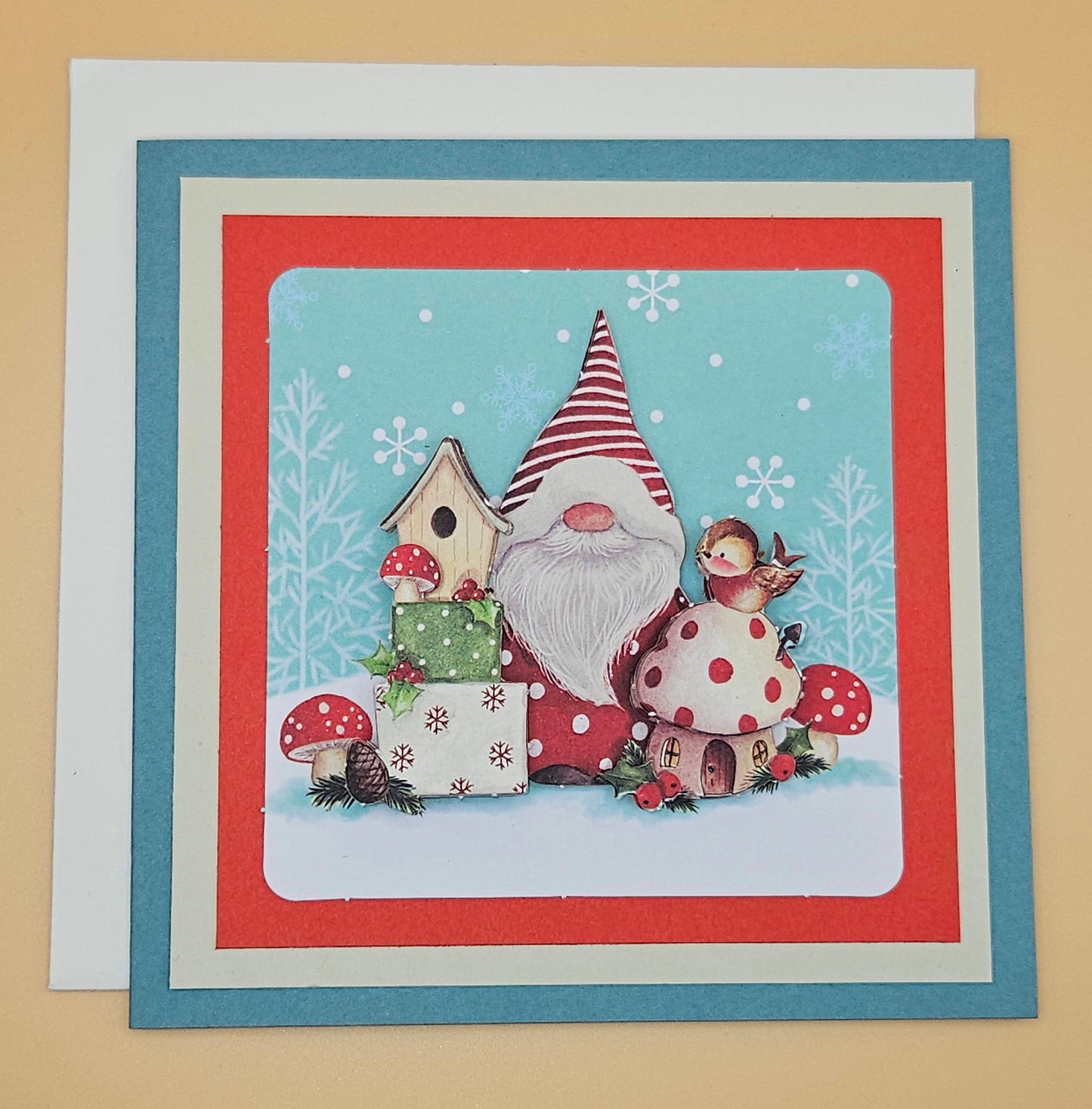 Handmade Christmas Card, Gnome Birdhouse Decoupage Greeting Card, Vintage Festive Woodland Happy Holidays Keepsake Tiddly Pom Cards