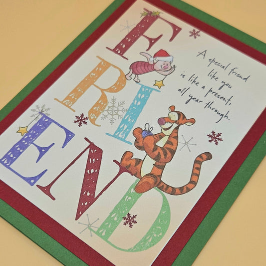 Handmade Winnie the Pooh Christmas Card, Friendship Holiday Greeting Card,Tigger and Piglet Seasonal Nostalgic Keepsake Tiddly Pom Cards