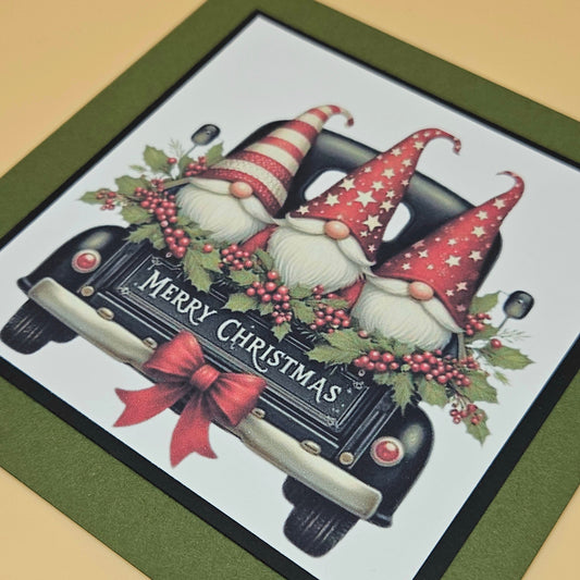 Handmade Christmas Card, Vintage Holiday Gnome Greeting Card, Pickup Truck Merry Christmas Keepsake Tiddly Pom Cards