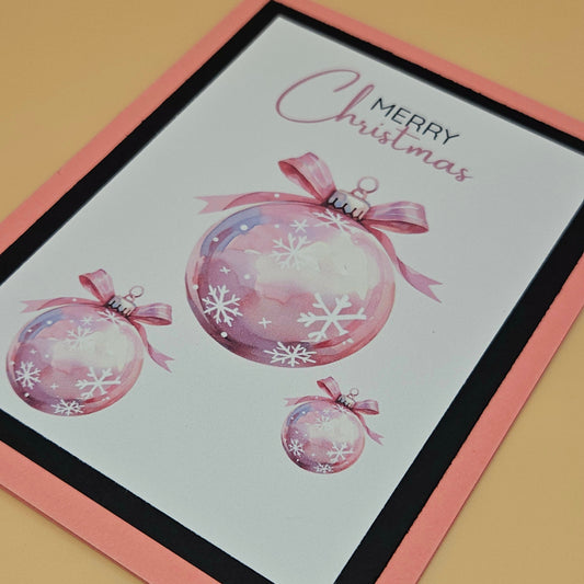 Handmade Christmas Card, Pink Watercolor Ornament Greeting Card, Pastel Holiday Keepsake Tiddly Pom Cards