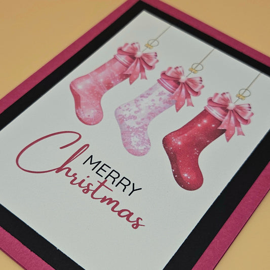 Handmade Christmas Card, Pink Watercolor Stockings Greeting Card, Pastel Hanging Boots Holiday Keepsake Tiddly Pom Cards