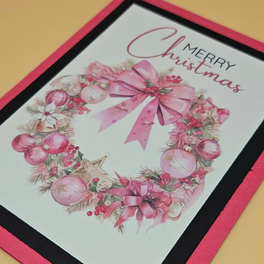 Handmade Christmas Card, Pink Watercolor Wreath Greeting Card, Pastel Holiday Keepsake Tiddly Pom Cards