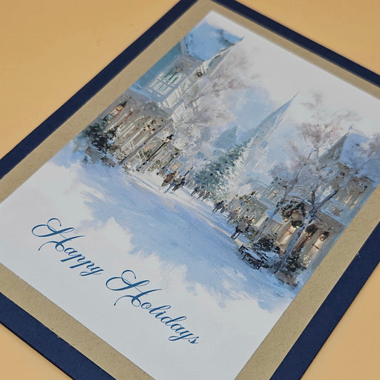 Handmade Snowy Village Christmas Card, Watercolor Winter Street Scene Keepsake, Elegant Happy Holidays Greeting Tiddly Pom Cards