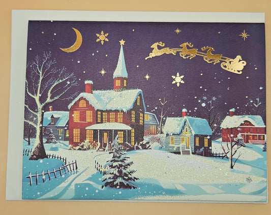 Pop-Up Christmas Card, Gift Card Holder Holiday Greeting, Gold Foil Santa Penguin Reindeer, Snowy Village Scene Keepsake Tiddly Pom Cards