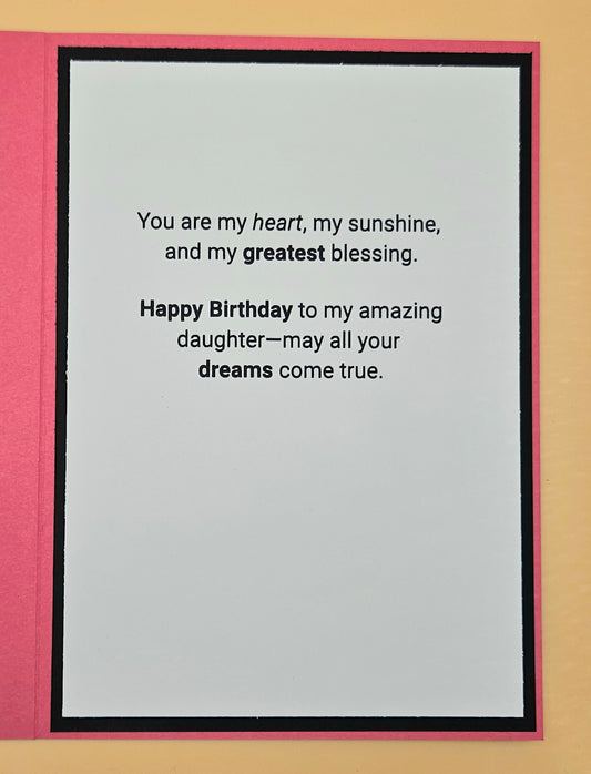 Birthday card for an amazing daughter with heartfelt message on a pink border.
