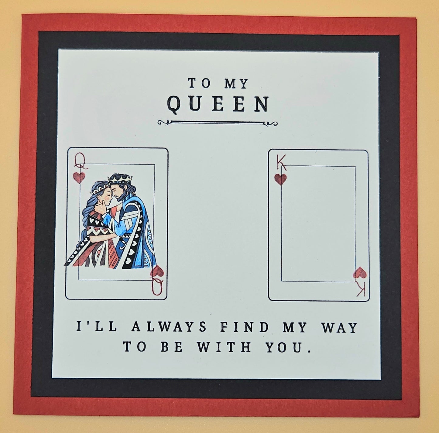 Card with a Queen illustration and romantic text on a beige background
