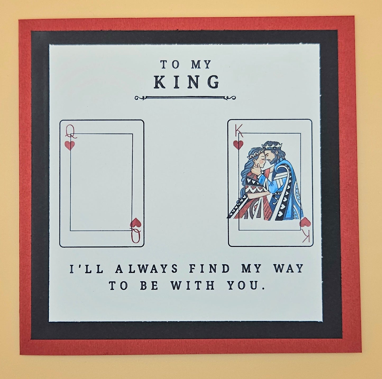 Card with King and Queen illustration and romantic text on a beige background