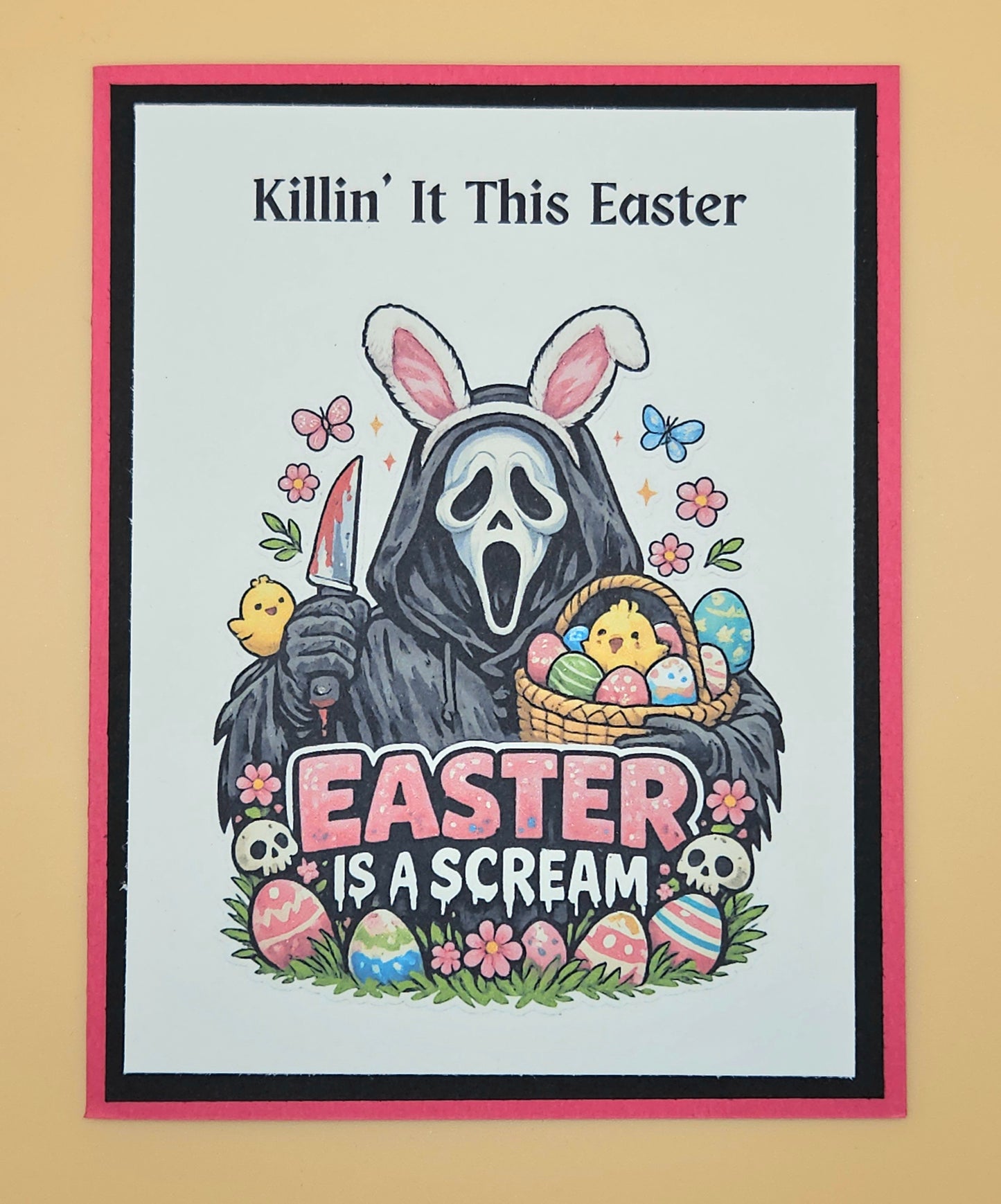 Poster with a ghostly figure in bunny ears holding a knife, surrounded by Easter elements on a beige background.
