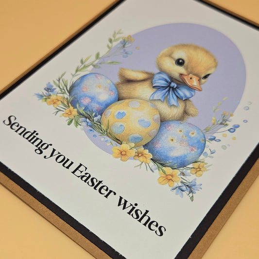 Easter Card, Handmade Vintage Duckling Spring Meadow, Easter Eggs Keepsake, Blank Inside