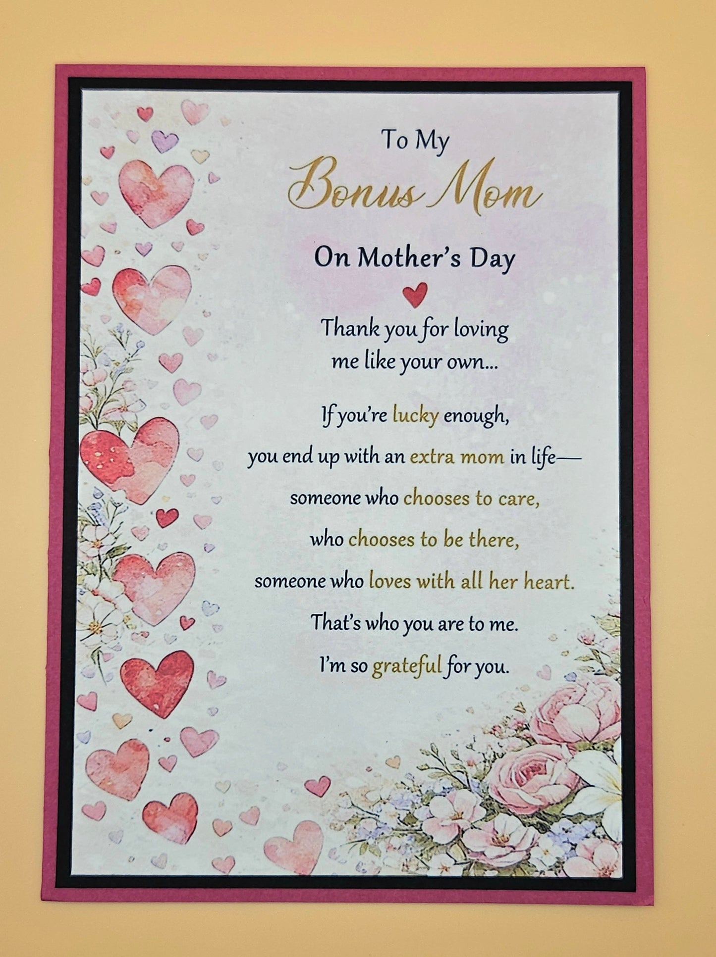 Mothers Day Card for Bonus Mom, Handmade Heart & Floral Greeting, Heartfelt Keepsake with Message