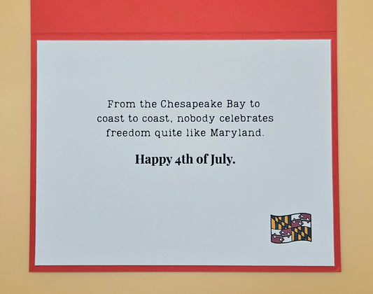 Text card celebrating Maryland's 4th of July with a red border and Maryland flag emblem.