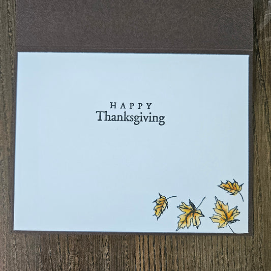 handmade horizontal A2 Thanksgiving card featuring classic Winnie the Pooh with three orange pumpkins on a white panel, an embossed textured orange mat, and a brown base, alongside views of the "HAPPY Thanksgiving" inside text