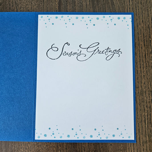 Winnie the Pooh Christmas Card, Handmade Hand-Colored Snowman Keepsake, Layered Blue Embossed Holiday Greeting Tiddly Pom Cards