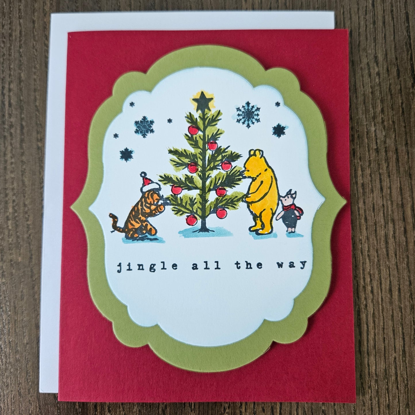 Winnie the Pooh Christmas Card, Hand Colored Classic Pooh Piglet Tigger, Handmade Holiday Greeting