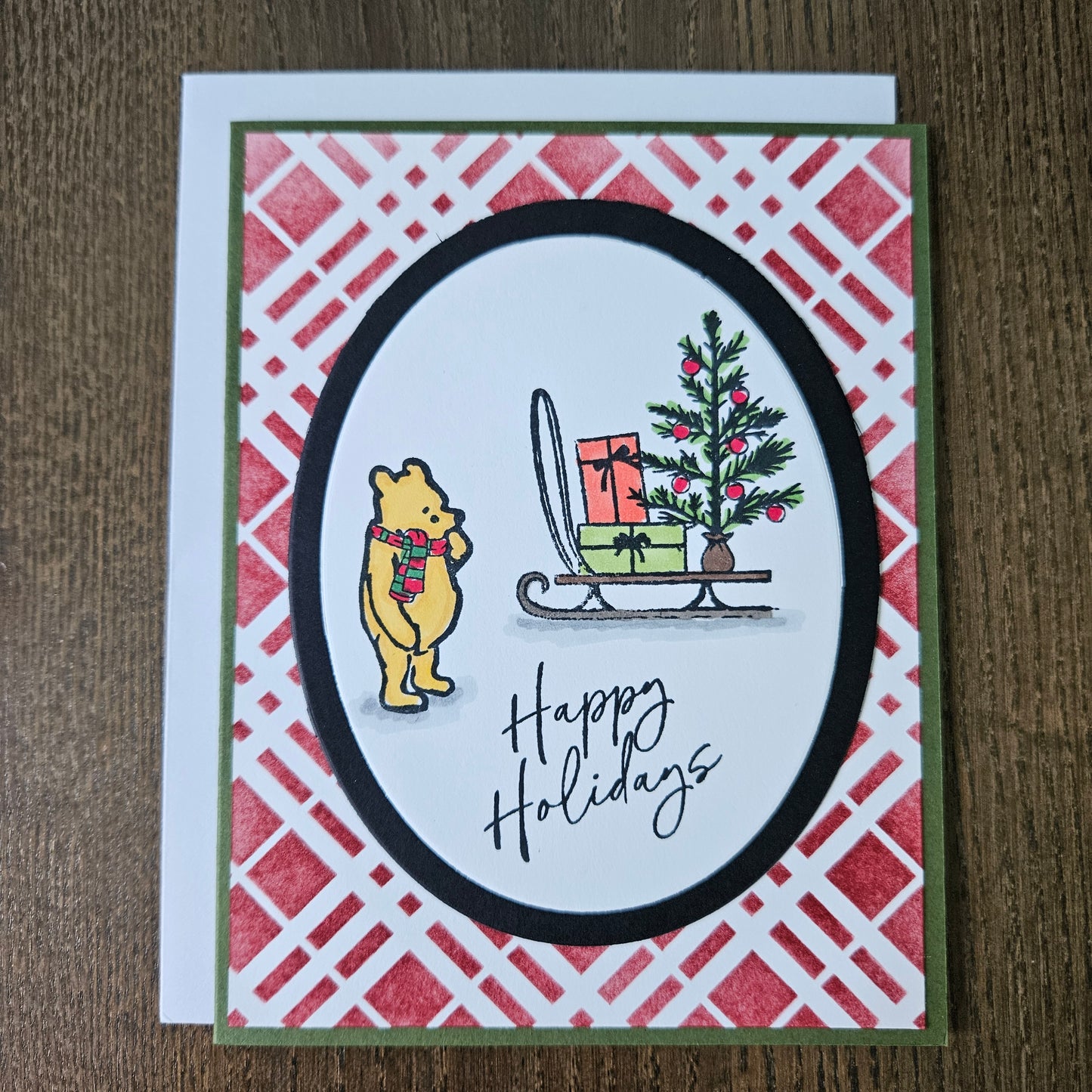 Handmade Christmas Card, Winnie the Pooh Holiday Greeting Card, Hand-Colored Bear Sled Presents Keepsake Tiddly Pom Cards