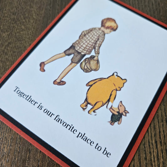 Illustration of a boy and bear with text on a card