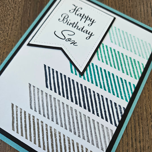 Birthday Card for Son, Handmade Masculine Geometric Stripes Happy Greeting, Blank Inside