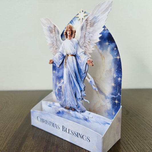 Pop-Up Christmas Card, Handmade 3D Decoupage Angel Nativity Xmas Blessings Greeting