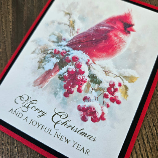 A square Christmas greeting card featuring a red cardinal perched on snow-covered branches with red berries, with the text 'Merry Christmas and a joyful New Year' on a white background with a red and black border, placed on a wooden surface.