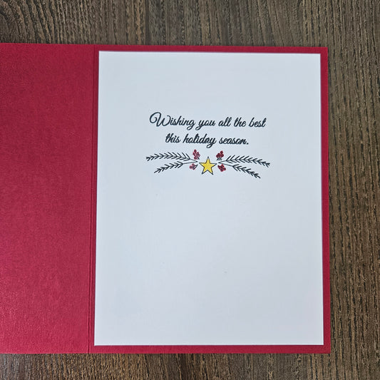 Handmade Christmas Card, Hand-Colored Poinsettia and Pinecone, Xmas Holiday Greeting