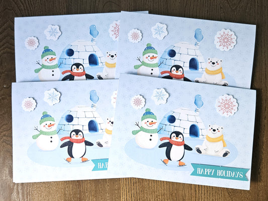 3D Christmas Card Set of 4, Pop Up, Penguin, Polar Bear and Snowman, Handmade Xmas Greeting