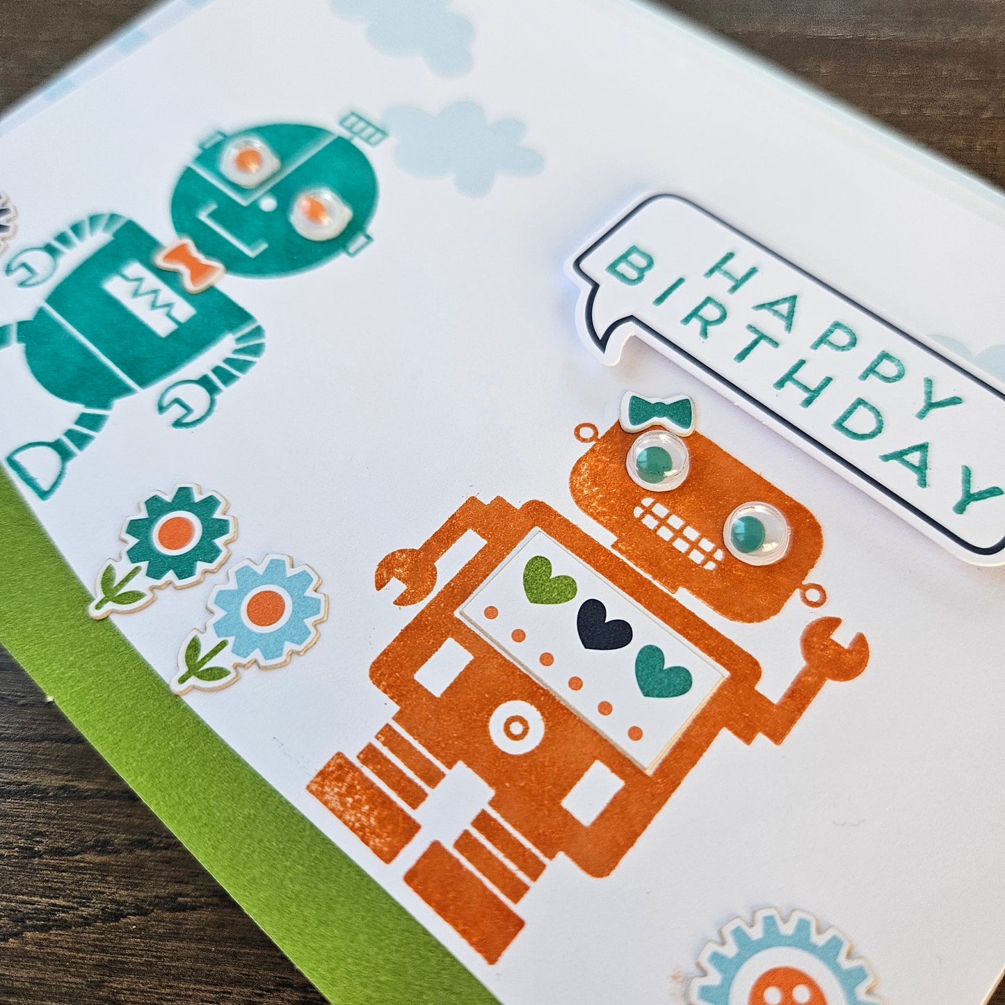 Handmade Birthday Card - Colorful Cute Bots, Decoupage Design