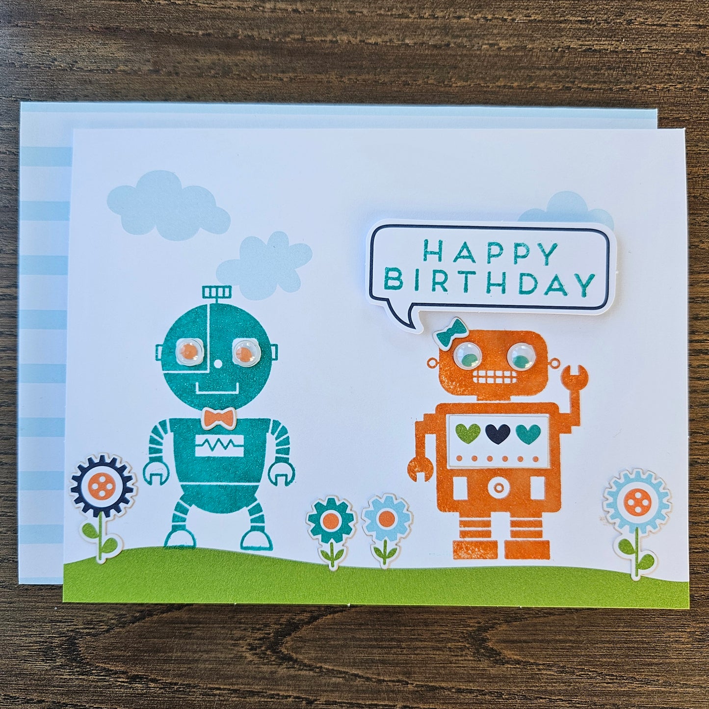 Handmade Birthday Card - Colorful Cute Bots, Decoupage Design