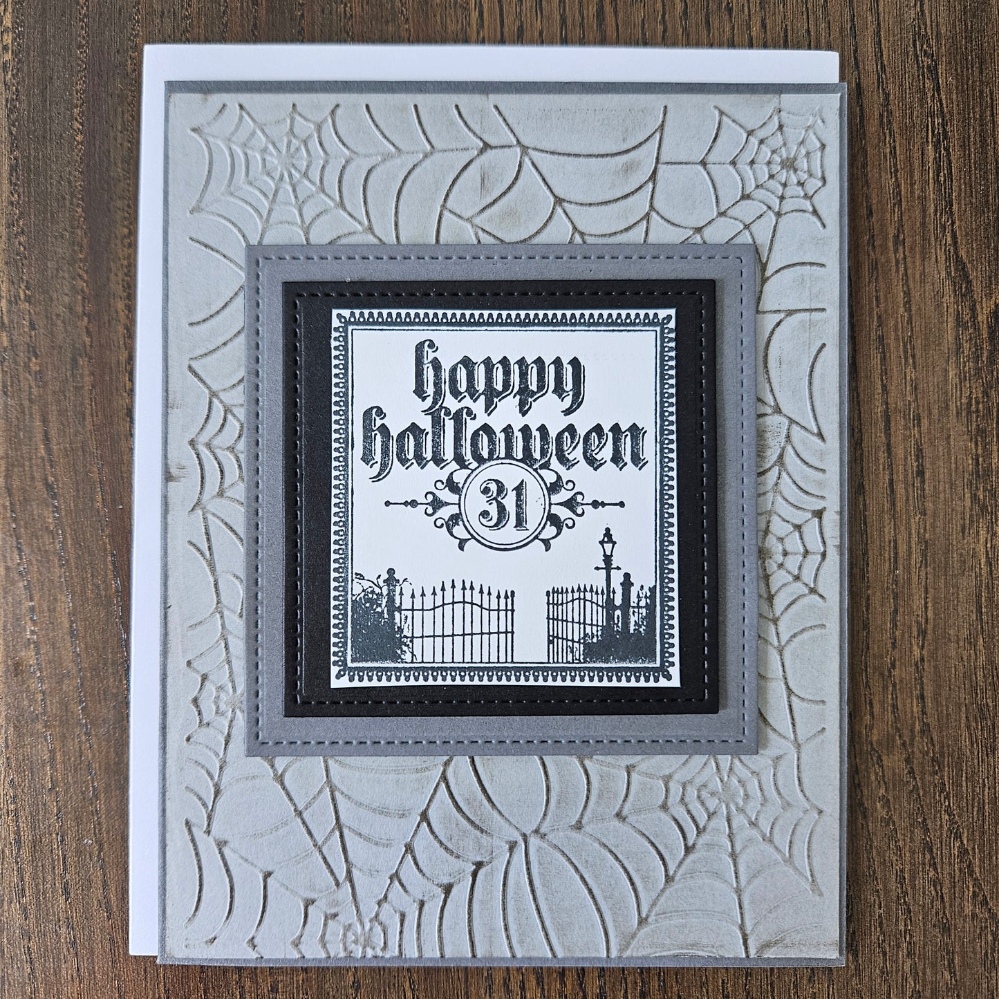 Handmade Halloween Card, Gothic Happy Halloween 31st, Embossed Spider Web, Layered Spooky Gate Design, A2 Size