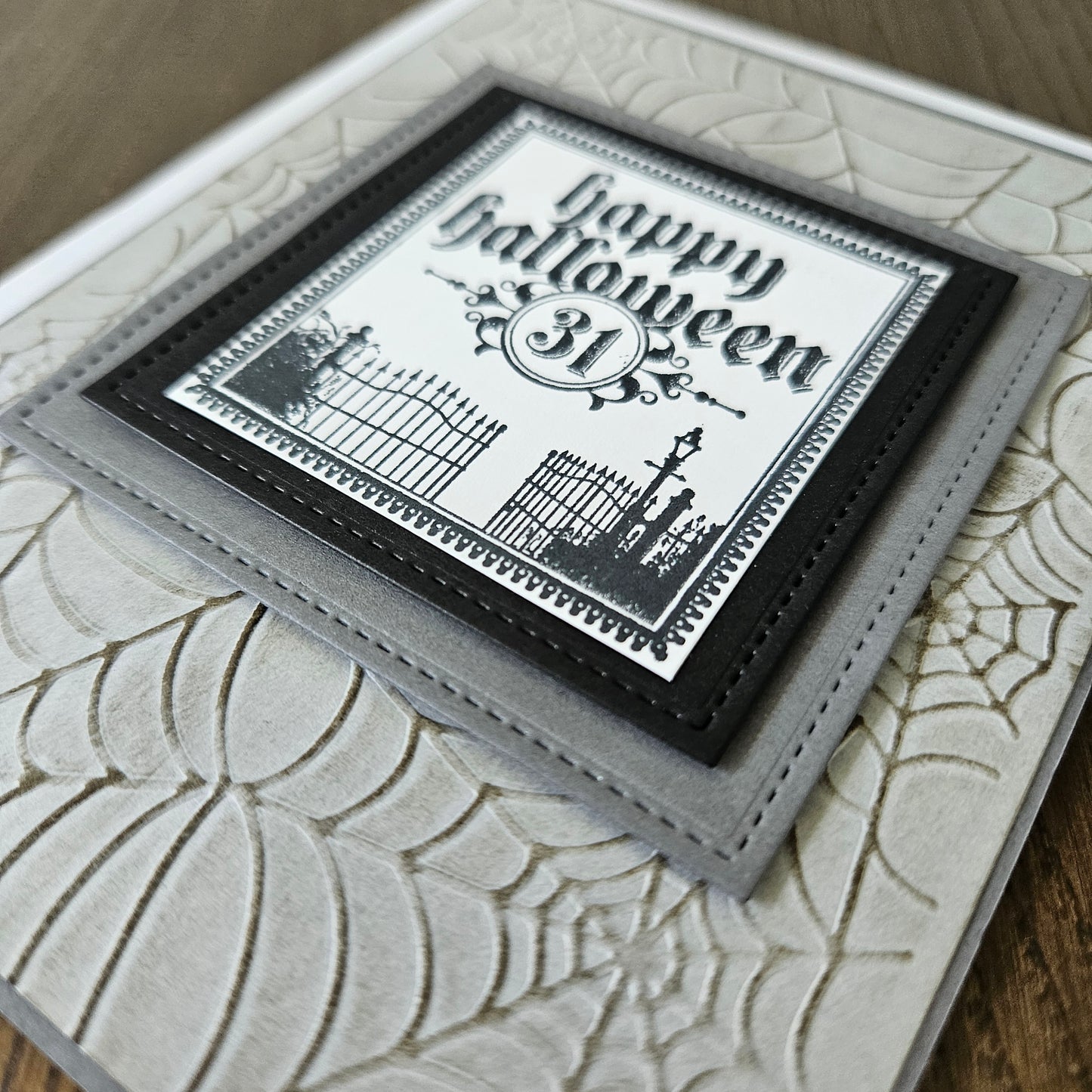 Handmade Halloween Card, Gothic Happy Halloween 31st, Embossed Spider Web, Layered Spooky Gate Design, A2 Size