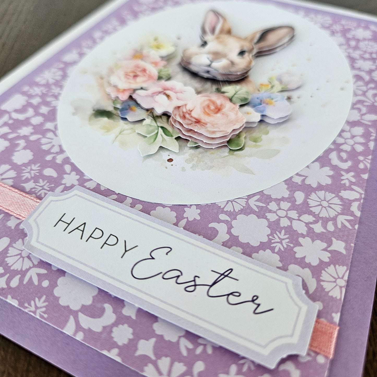 Handmade Easter Card, 3D Decoupage Design, Personalized Greeting Card, Pastel Bunny & Petal Glow, Tiddly Pom Cards