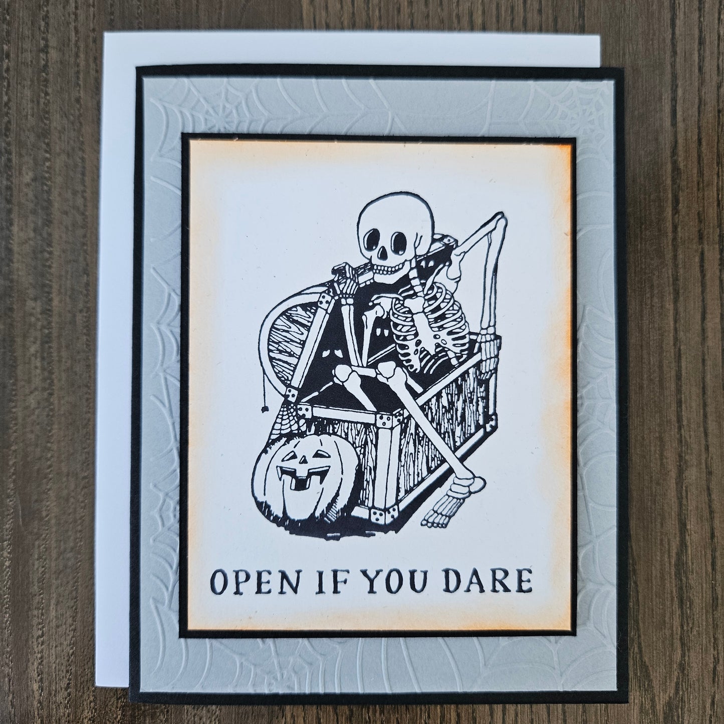 Handmade Halloween Card, A2 Size, Vintage October 31 Card, Embossed Spider Web Frame, Spooky Greeting for Fall