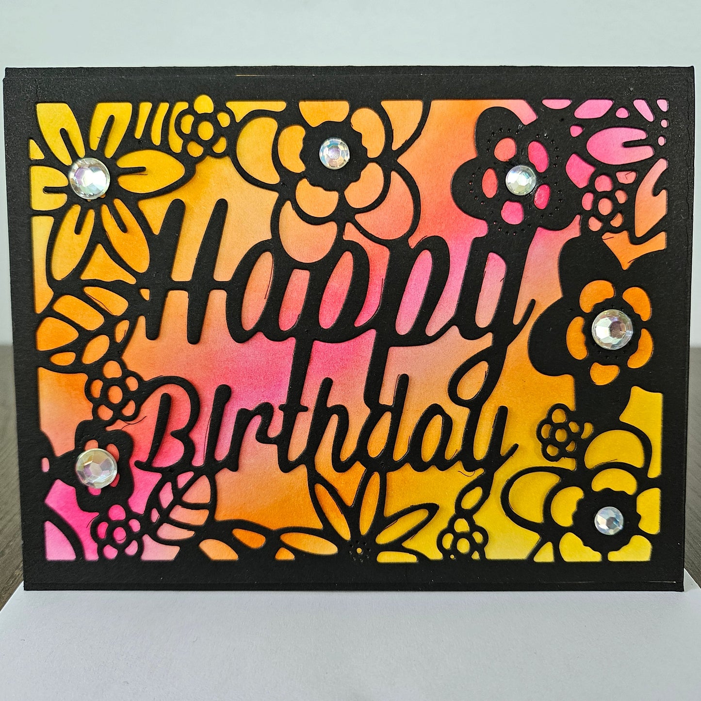 Handmade Birthday Card, Floral Die-Cut Greeting Card For Birthday, Black Overlay with Rainbow Ink Background, Happy Birthday Celebration Card Tiddly Pom Cards